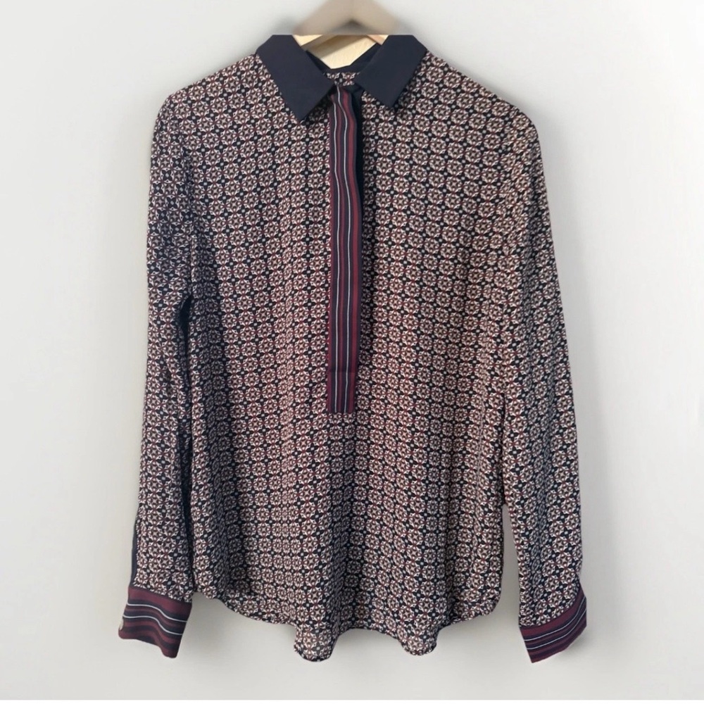 Loft Navy & Burgundy popover pullover drapey blouse